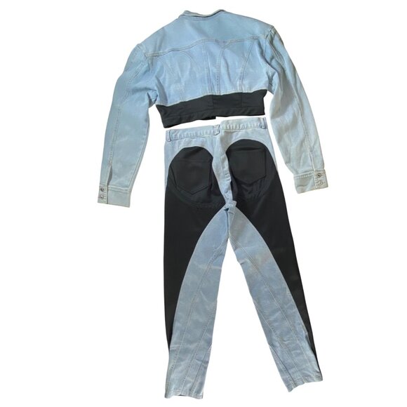 Blue Denim & Black Two-Piece Cropped Jacket Pants Set Size XL Sexy Stretch Jeans - Picture 2 of 9